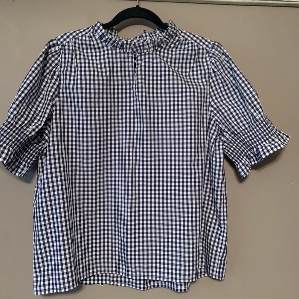 J Crew gingham blouse, Spring 2021.